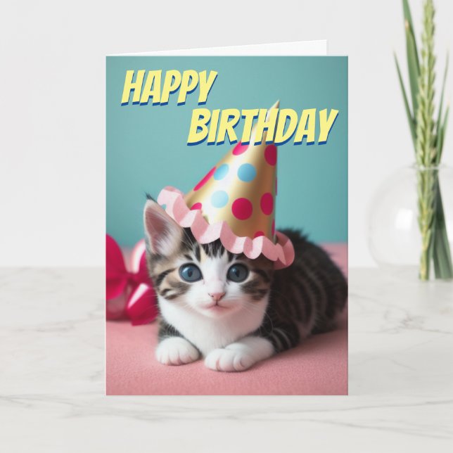Cute Baby Kitten Party Hat Birthday Kort (Framsida)