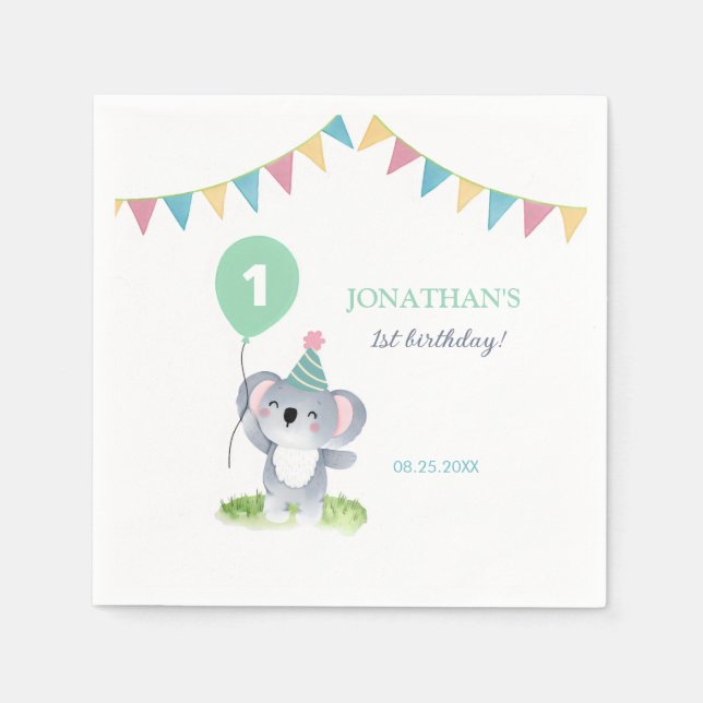 Cute Baby Koala Balloon Party Flag Birthday Pappersservett (Framsidan)