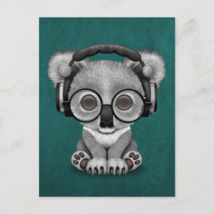 Cute Baby Koala Bear Dj-hörlurar på Blue Vykort