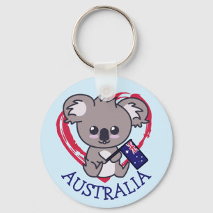 Cute baby koala som håller Aussie flagga och hjä Nyckelring