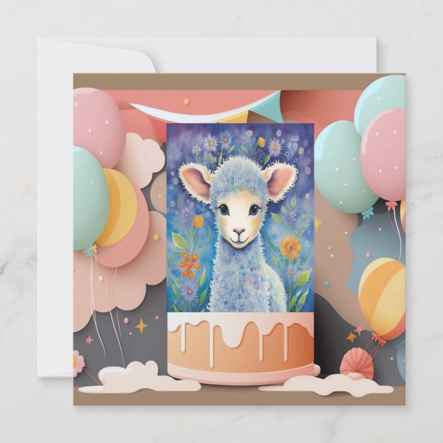 Cute Baby Lamb Birthday Inbjudningar (Framsida)