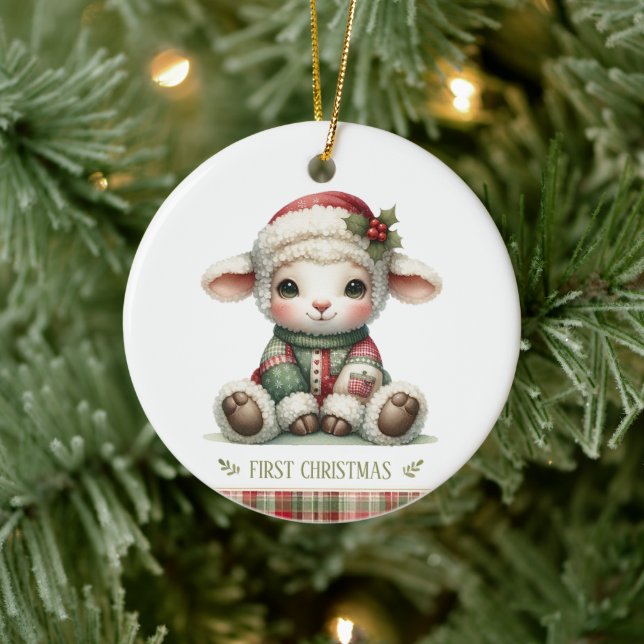 Cute Baby Lamb First Christmas Keepsake Photo Julgransprydnad Keramik (Träd)
