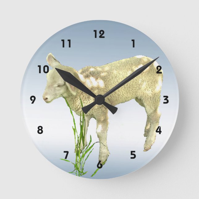 Cute Baby Lamb och Blå himmel Wall Clock Rund Klocka (Framsida)