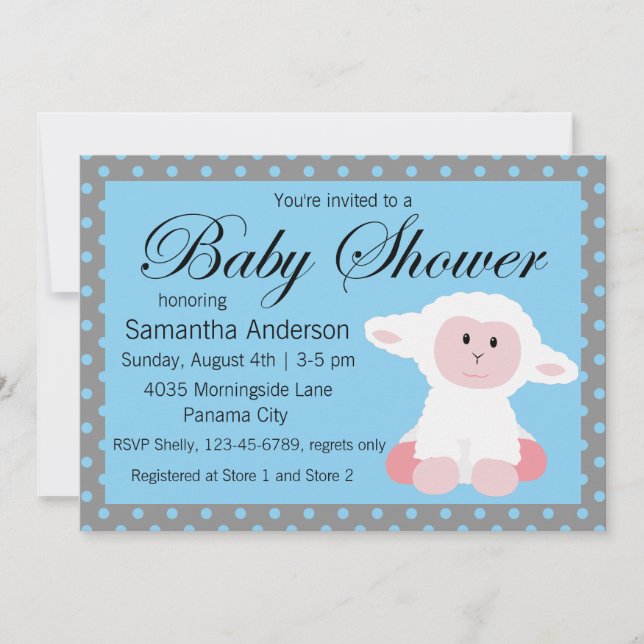 Cute Baby Lamb och Polka dots Baby Shower Inbjudningar (Framsida)