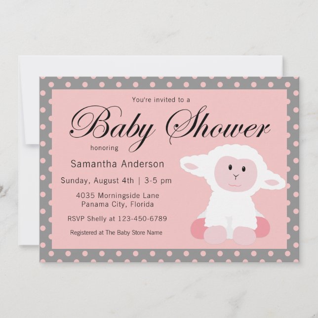 Cute Baby Lamb och Polka dots Baby Shower Inbjudningar (Framsida)