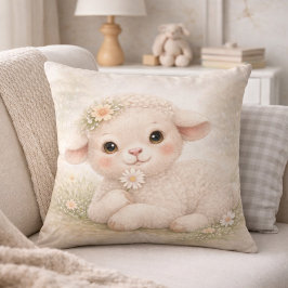 Cute Baby Lamb With Flower Neutral Kids Room Kudde