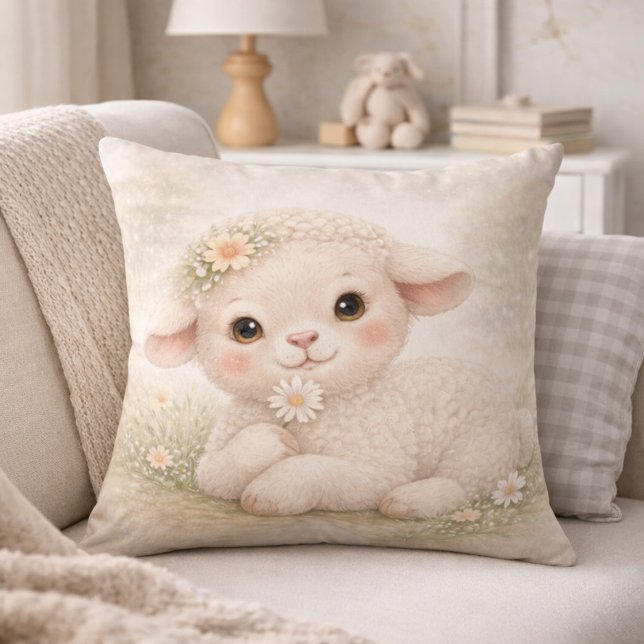 Cute Baby Lamb With Flower Neutral Kids Room Kudde (Skapare uppladdad)