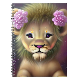 Cute Baby Lejon med Rosa Flowers Graphic Anteckningsbok