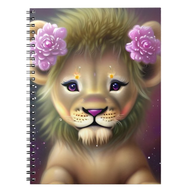 Cute Baby Lejon med Rosa Flowers Graphic Anteckningsbok (Framsidan)