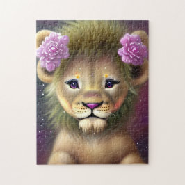 Cute Baby Lejon med Rosa Flowers Graphic Pussel