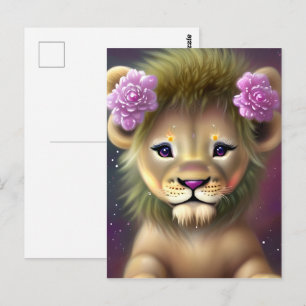 Cute Baby Lejon med Rosa Flowers Graphic Vykort