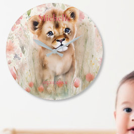 Cute Baby Lejon Pastel Watercolor Vår blommor Stor Klocka