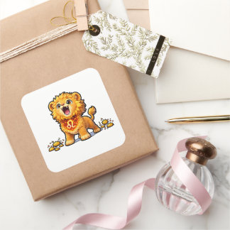 Cute Baby Leo Zodiac Sticker – Kawaii Golden Lion Fyrkantigt Klistermärke