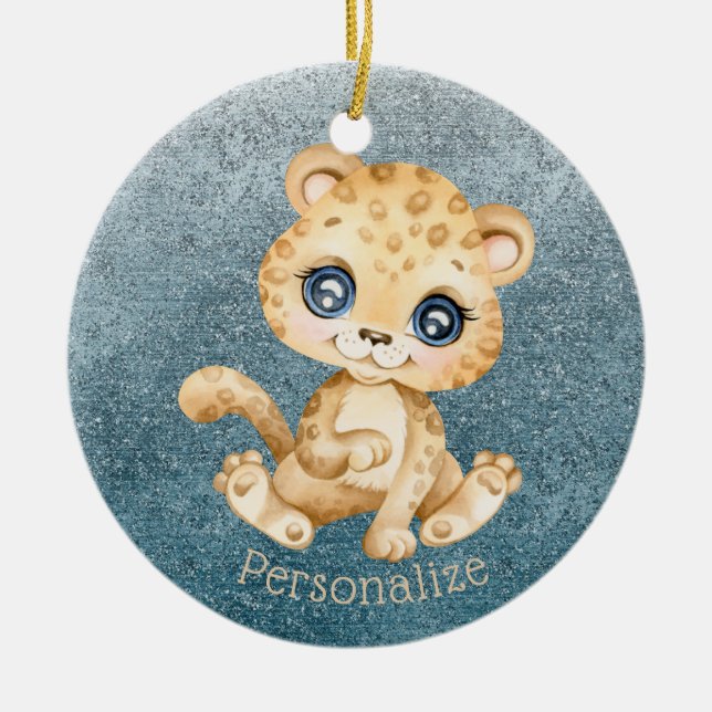 Cute Baby Leopard Blue Glitter personalize Julgransprydnad Keramik (Framsidan)