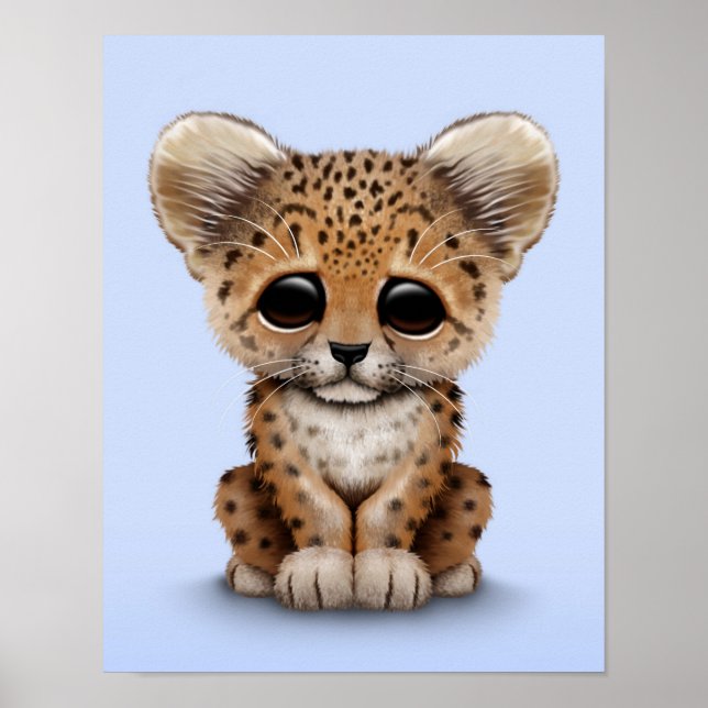Cute Baby Leopard Unge på Light Blue Poster (Framsidan)