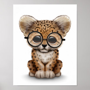 Cute Baby Leopard Unge Wearing Glass on White Poster