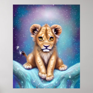Cute Baby Lion Cub Snowy Background Poster