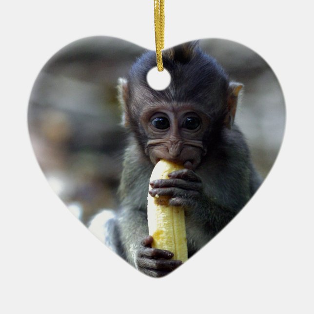 Cute baby makaque apa som äter banan julgransprydnad keramik (Framsidan)