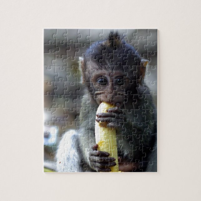Cute baby makaque apa som äter banan pussel (Vertikal)