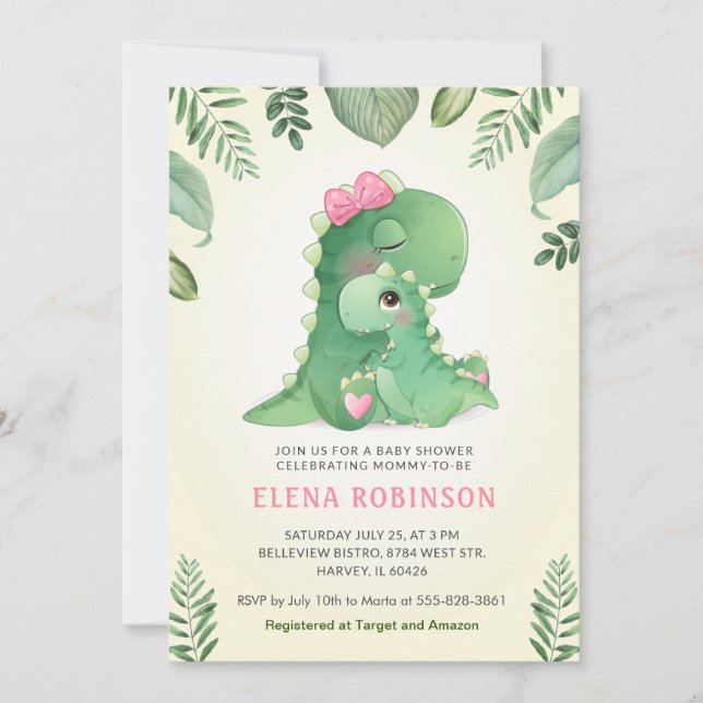 Cute Baby Mamma Dinosaur Girl Baby Shower Sprinkle Inbjudningar (Framsida)