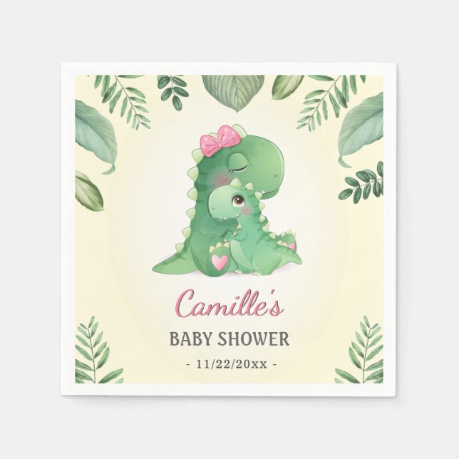 Cute Baby Mamma Dinosaur Rosa Girl Shower Sprinkle Pappersservett (Framsidan)