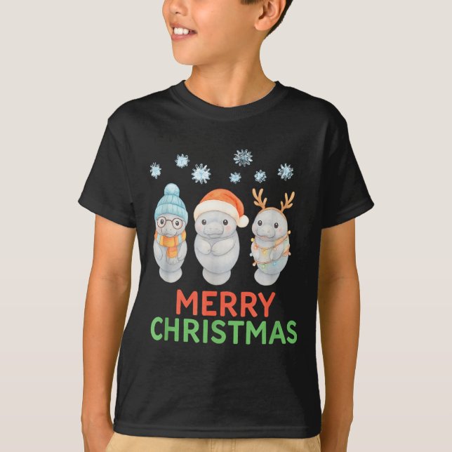 Cute Baby Manatee Santa Reindeer Christmas Manatee T Shirt (Framsida)
