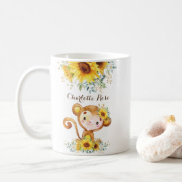 Cute Baby Monkey Boho Watercolor Sunblommor Kaffemugg