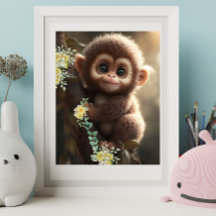 Cute Baby Monkey sitta vid Träd Gula blommor