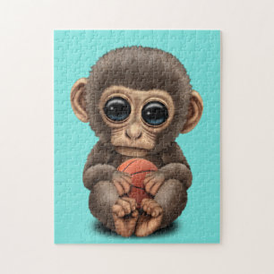 Cute Baby Monkey spelas med basket Pussel