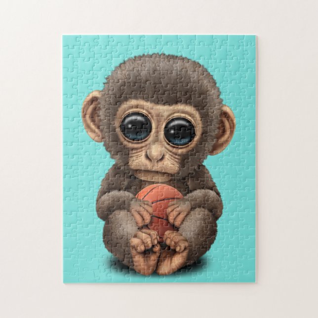 Cute Baby Monkey spelas med basket Pussel (Vertikal)