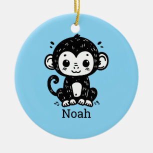 Cute Baby Monkey Teckning - Kawaii Nursery Art Julgransprydnad Keramik