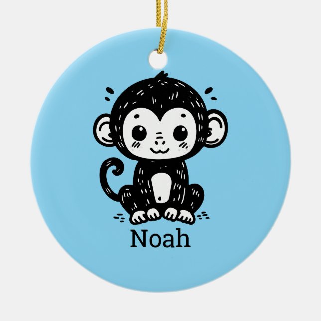 Cute Baby Monkey Teckning - Kawaii Nursery Art Julgransprydnad Keramik (Framsidan)