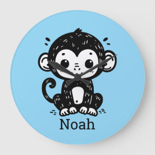 Cute Baby Monkey Teckning - Kawaii Nursery Art Stor Klocka