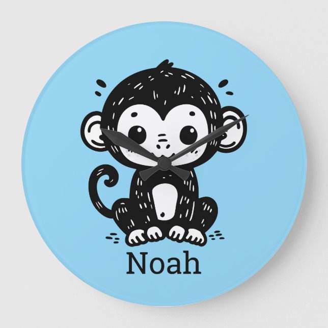 Cute Baby Monkey Teckning - Kawaii Nursery Art Stor Klocka (Framsida)