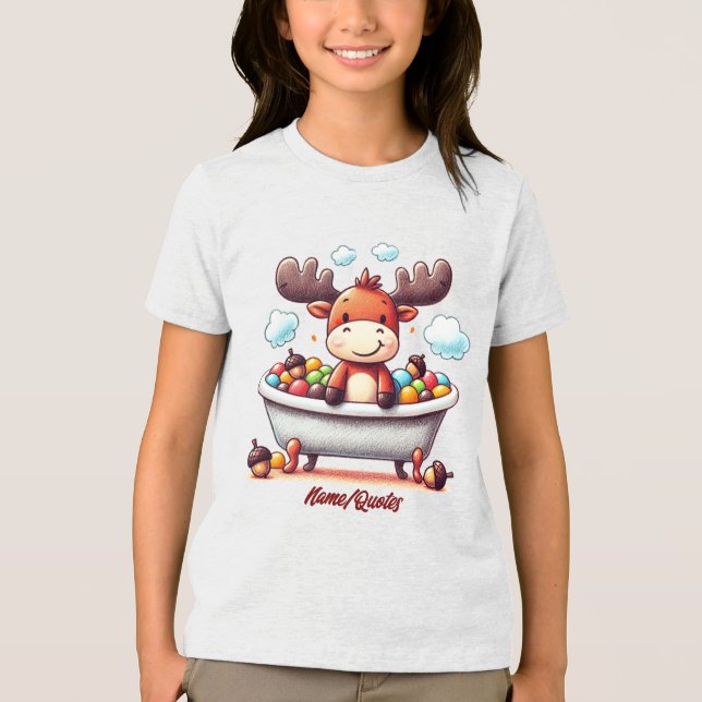 Cute Baby Moose Bath Time Cartoon Illustration T Shirt (Framsida)