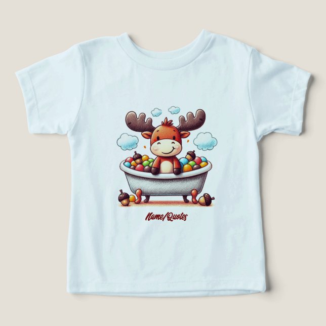 Cute Baby Moose Bath Time Cartoon Illustration T Shirt (Design Framsida)