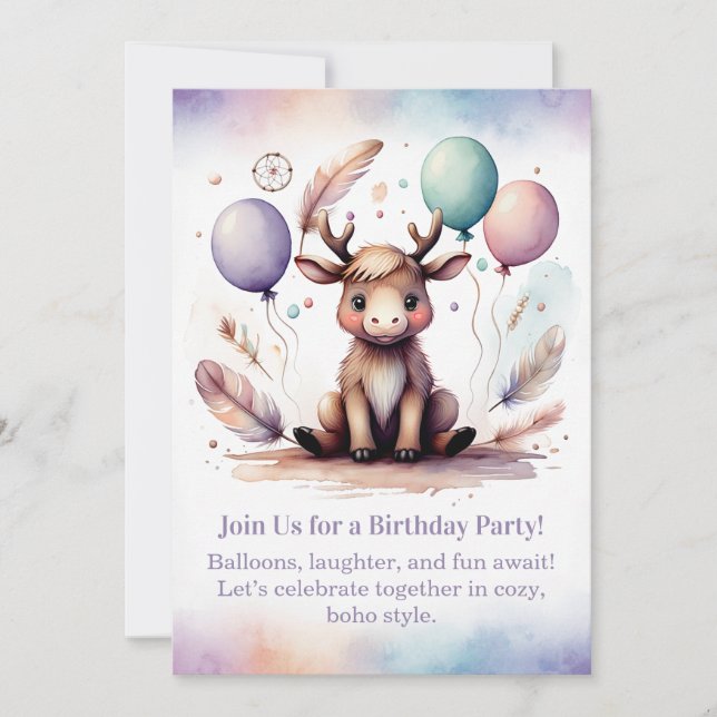 Cute baby Moose Birthday Invitation Woodland Boho  Inbjudningar (Framsida)