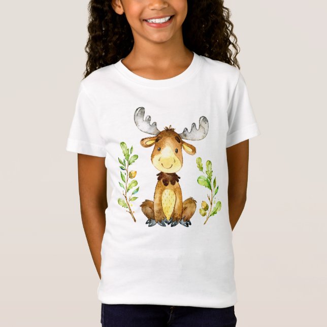 Cute Baby Moose & Flowers Illustration Småbarn T-s T Shirt (Framsida)
