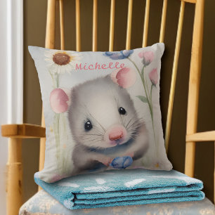 Cute Baby Mouse Pastel Watercolor Vår blommor Kudde