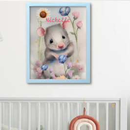 Cute Baby Mouse Pastel Watercolor Vår blommor Poster