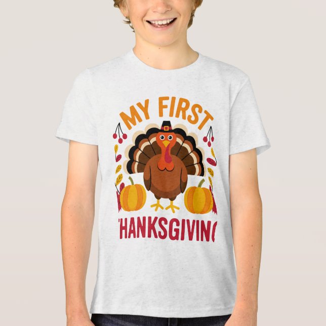 Cute Baby “My First Thanksgiving” Turkey Design  T Shirt (Framsida)