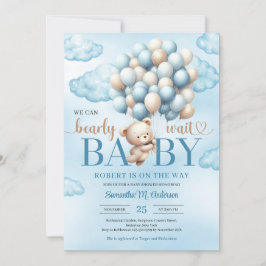 Cute baby nalle med blå och elfenbensballonger inbjudningar