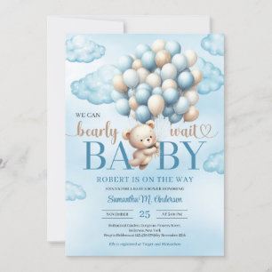 Cute baby nalle med blå och elfenbensballonger inbjudningar