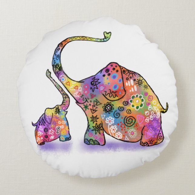 Cute Baby och Mamma elefant Round Pillow Rund Kudde (Baksidan)