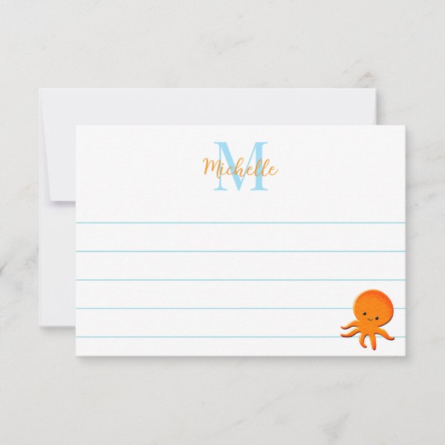 Cute Baby Octopus Custom Lined Monogram Anteckningskort (Framsida)