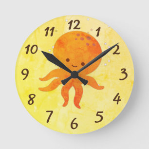 Cute Baby Octopus Tecknad Rund Klocka