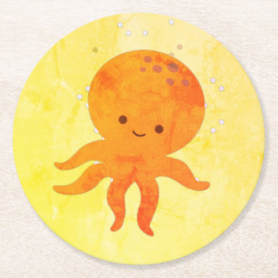 Cute Baby Octopus Tecknad Underlägg Papper Rund