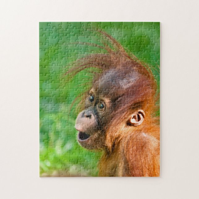 Cute baby orangutan tittar på  pussel (Vertikal)
