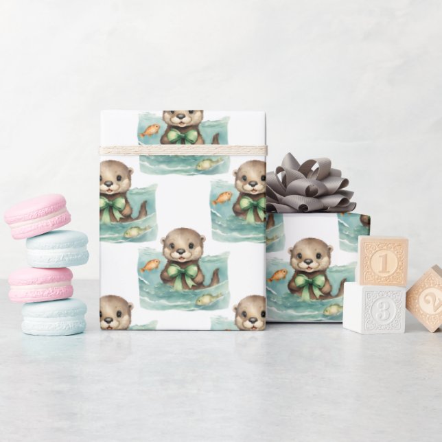 Cute Baby Otter Neutralt Presentpapper (Baby Shower)