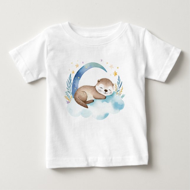 Cute Baby Otter på Måne - T Shirt (Framsida)